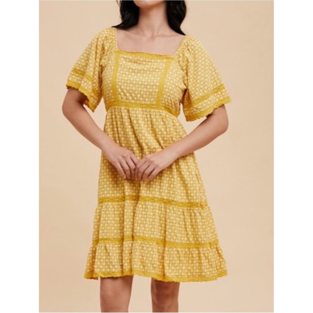 NWT In Loom Yellow Floral Square-Neck Tiered Midi Dress SZ LARGE